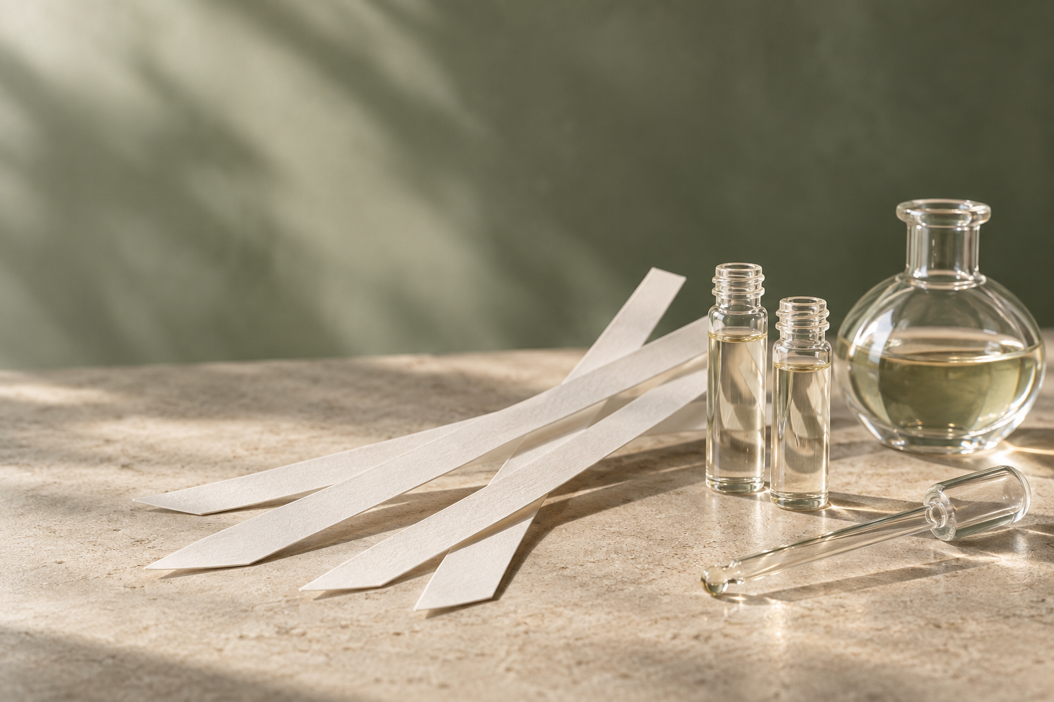 Fragrance sample vials, a glass pipette and perfume blotter strips on warm stone